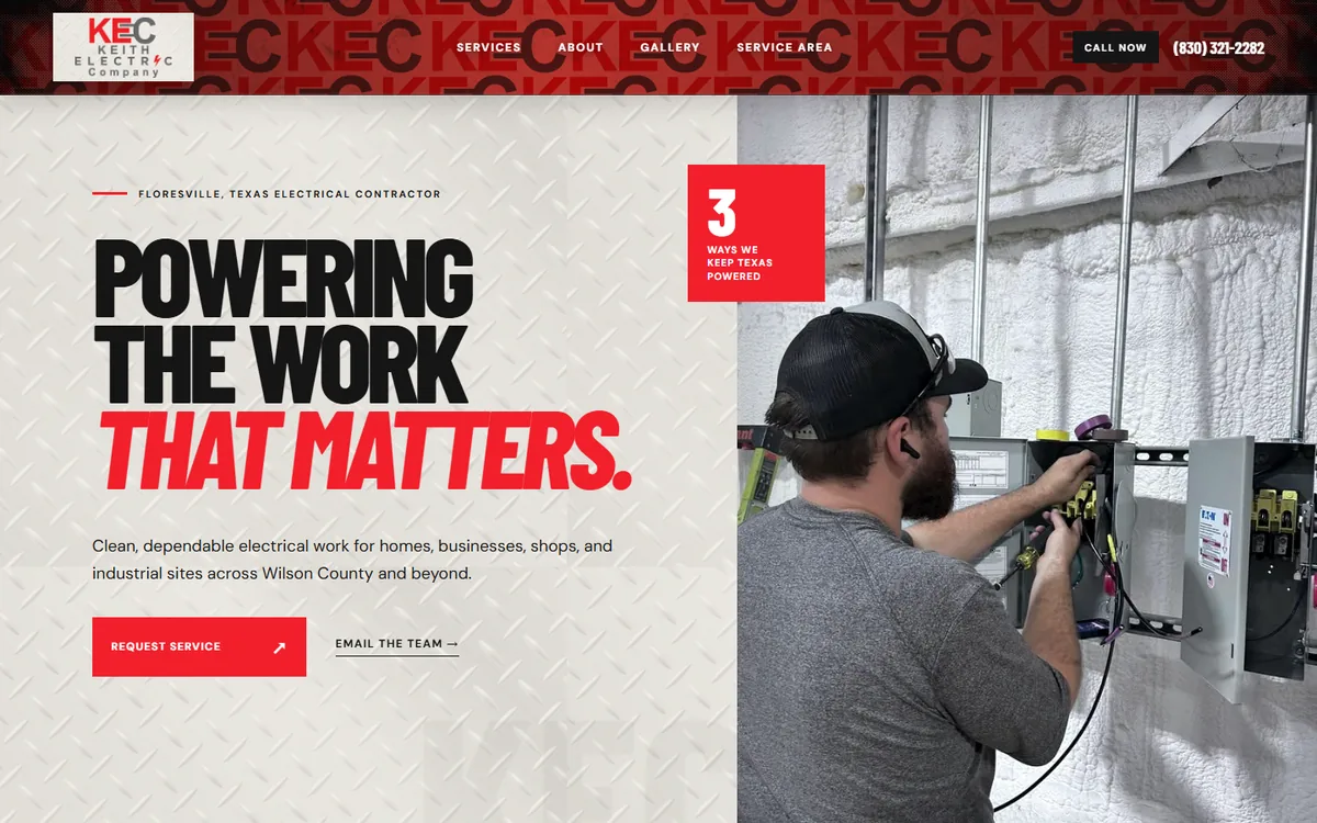 The Keith Electric Company homepage: Powering the work that matters, with an electrician wiring a panel
