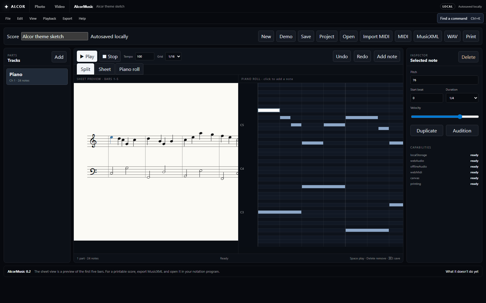 AlcorMusic with a score preview beside the piano roll