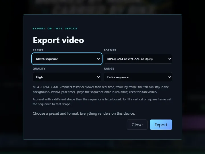 The Export video dialog with Format set to MP4 (H.264 and AAC), a quality and range choice, and a note that everything renders on this device.