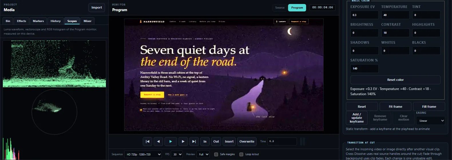 Color grading: temperature, contrast and saturation set in Effect Controls, with the luma waveform, vectorscope and histogram of the Program monitor.