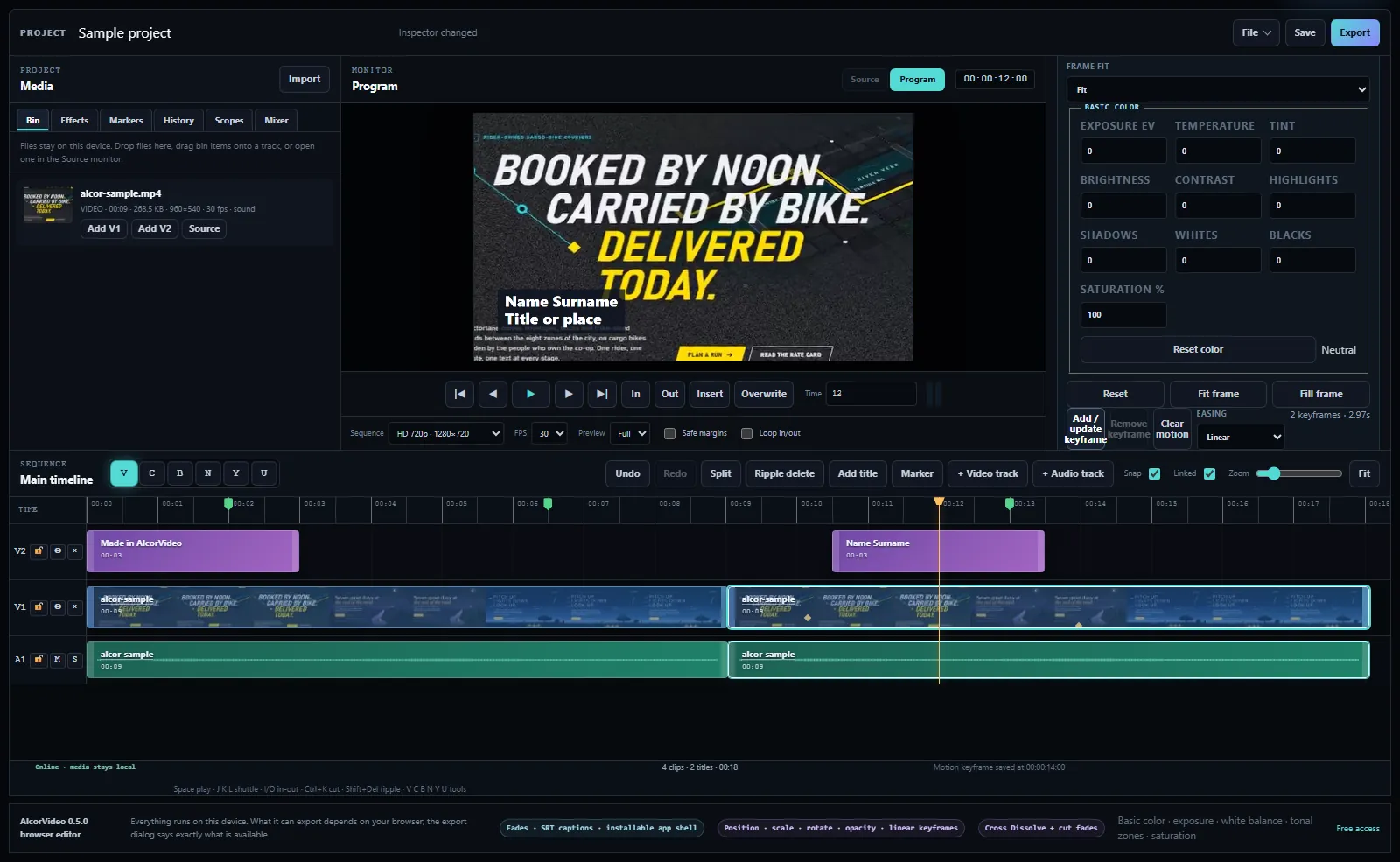 Two motion keyframes on a clip in the timeline, with the keyframe controls in Effect Controls and a lower-third title in the Program monitor.