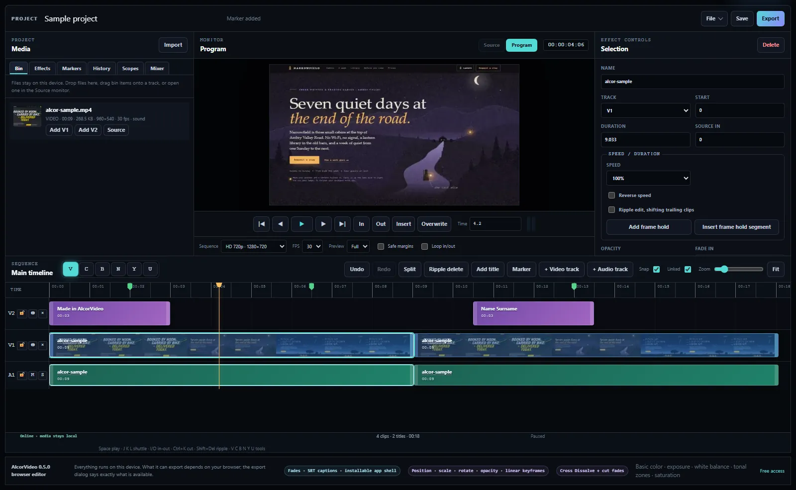 The AlcorVideo editor with its sample project open: media bin, Program monitor, Effect Controls, and a timeline with titles on V2, video on V1 and linked audio on A1