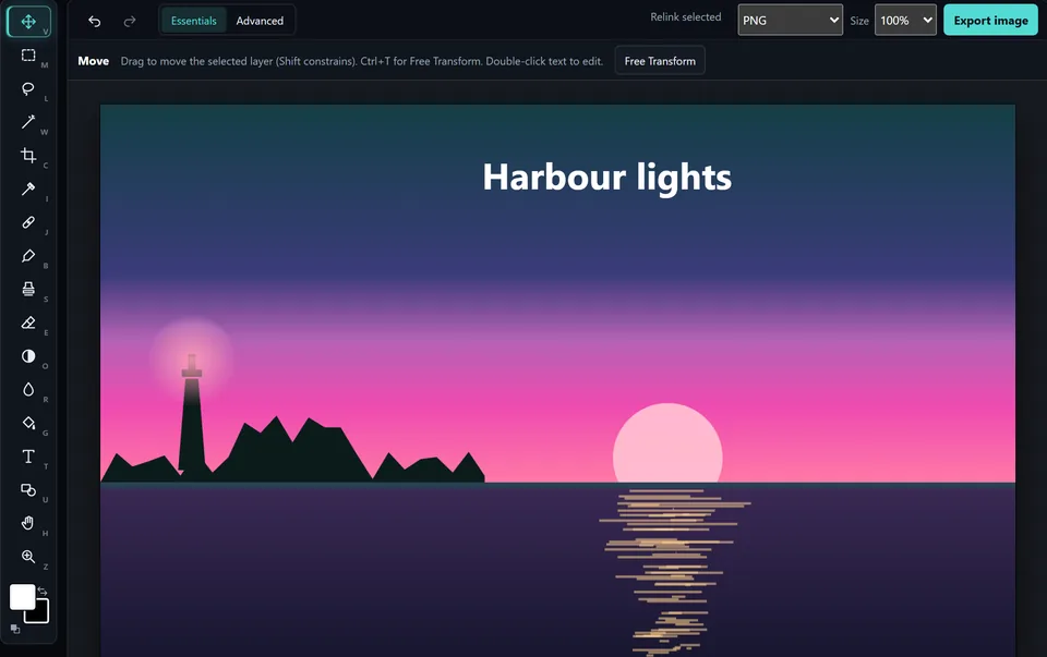 AlcorPhoto editor with a harbour sunset picture and a Harbour lights text layer on the canvas, the tool strip on the left and Export image at the top right