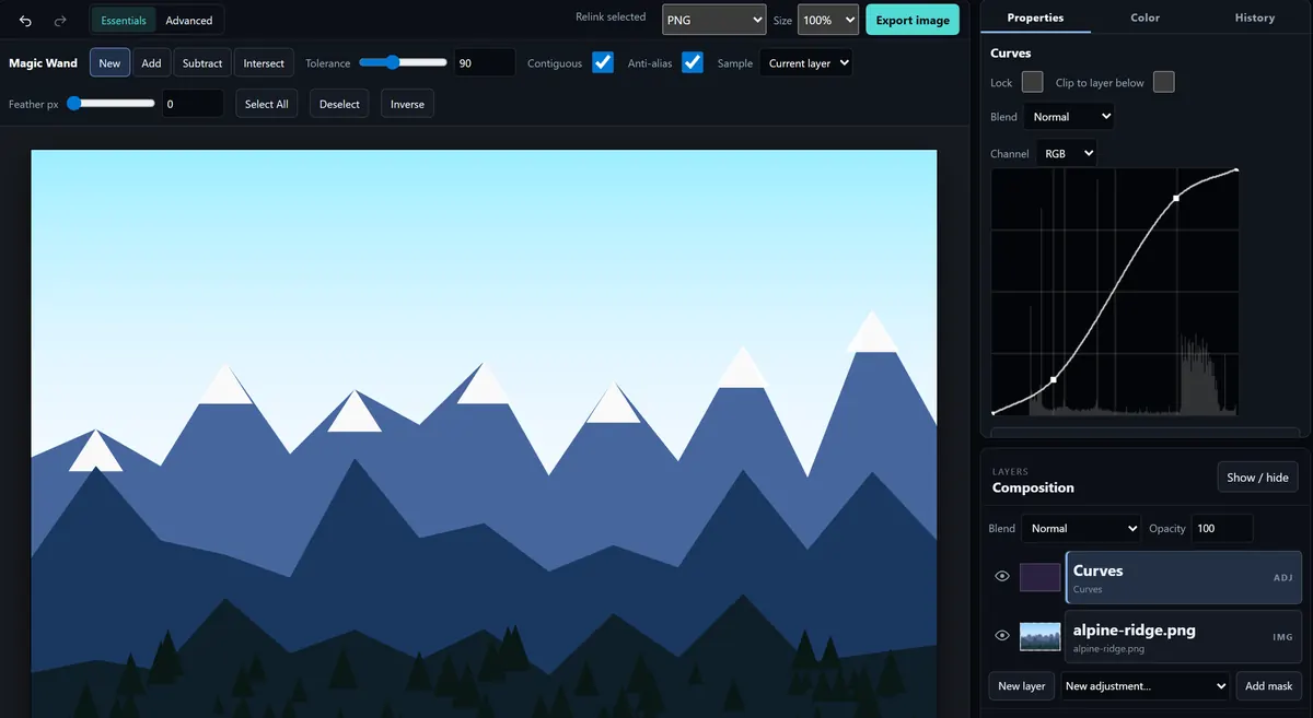 The Curves panel with an S-curve over a histogram, deepening the contrast of a mountain picture.