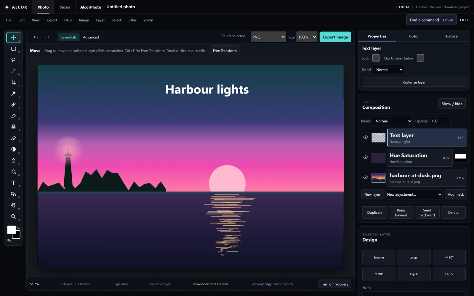 The AlcorPhoto editor with a sunset picture, a text layer, and a masked Hue/Saturation adjustment layer in the Layers panel.