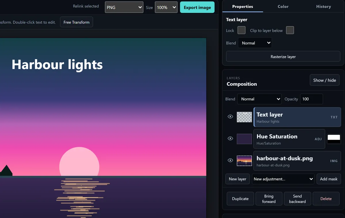A Hue/Saturation adjustment layer limited to the sky by a layer mask, with the mask thumbnail beside it in the Layers panel.
