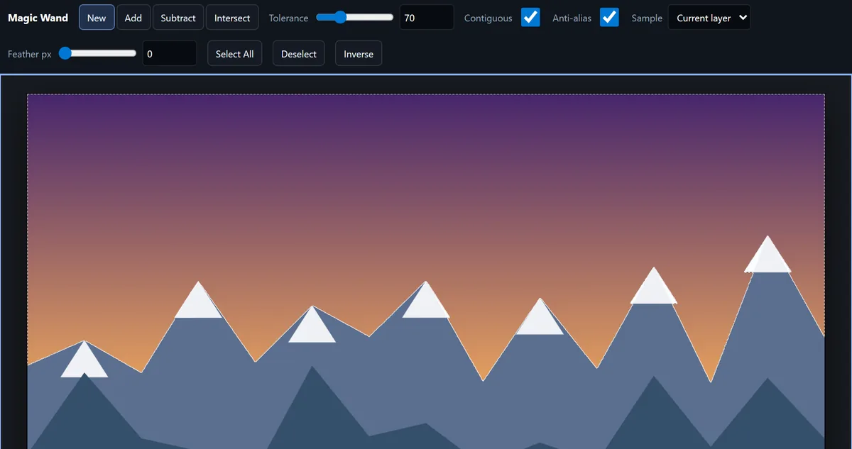 A Magic Wand selection of the sky, its marching ants tracing the mountain ridge, filled with a sunset gradient that stays inside the selection.